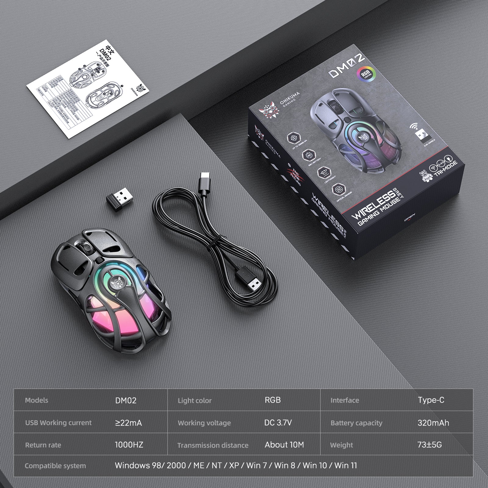 Onikuma DM02 Tri-Mode RGB Wireless Gaming Mouse (Black, Grey) - Image 12