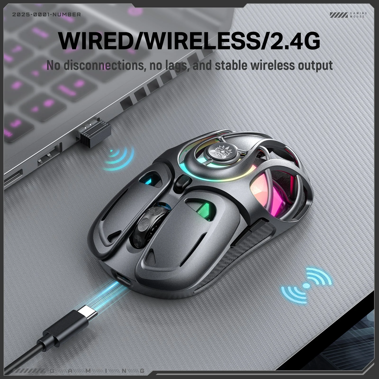 Onikuma DM02 Tri-Mode RGB Wireless Gaming Mouse (Black, Grey) - Image 3