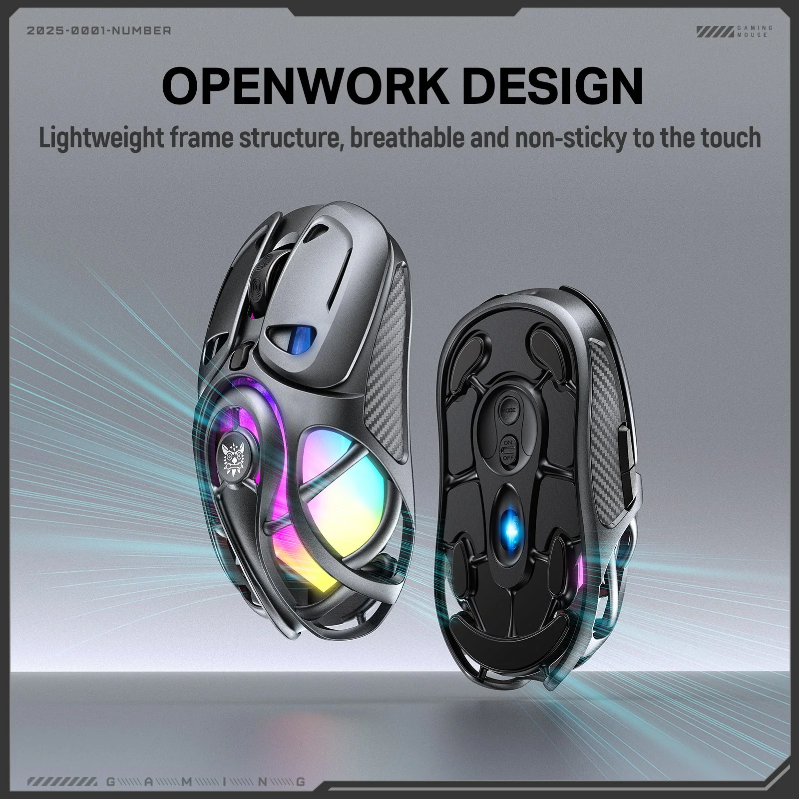 Onikuma DM02 Tri-Mode RGB Wireless Gaming Mouse (Black, Grey) - Image 4