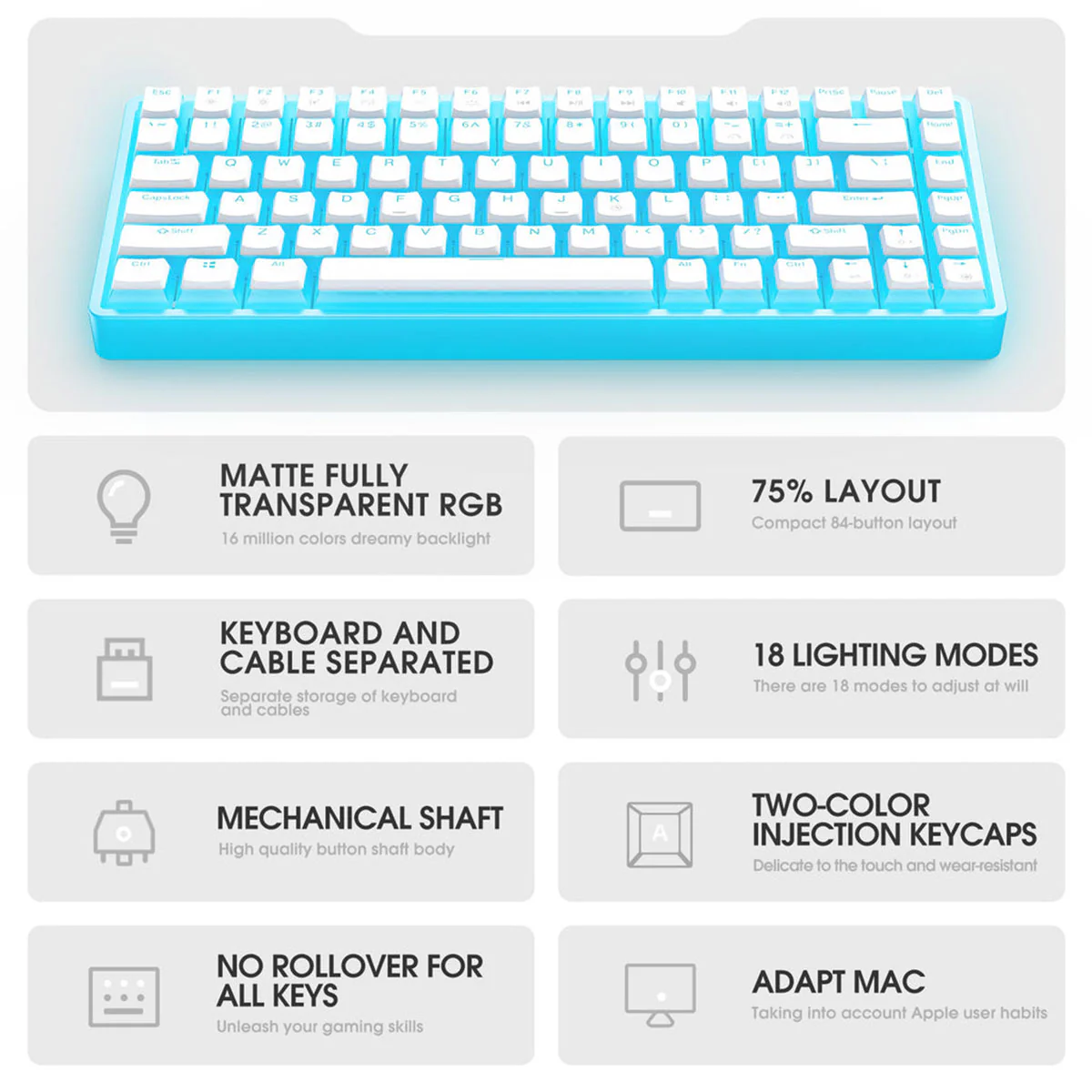 Onikuma G30 84-Key RGB Mechanical Keyboard (White) (Red Axis Switch, Cyan Axis Switch) - Image 10