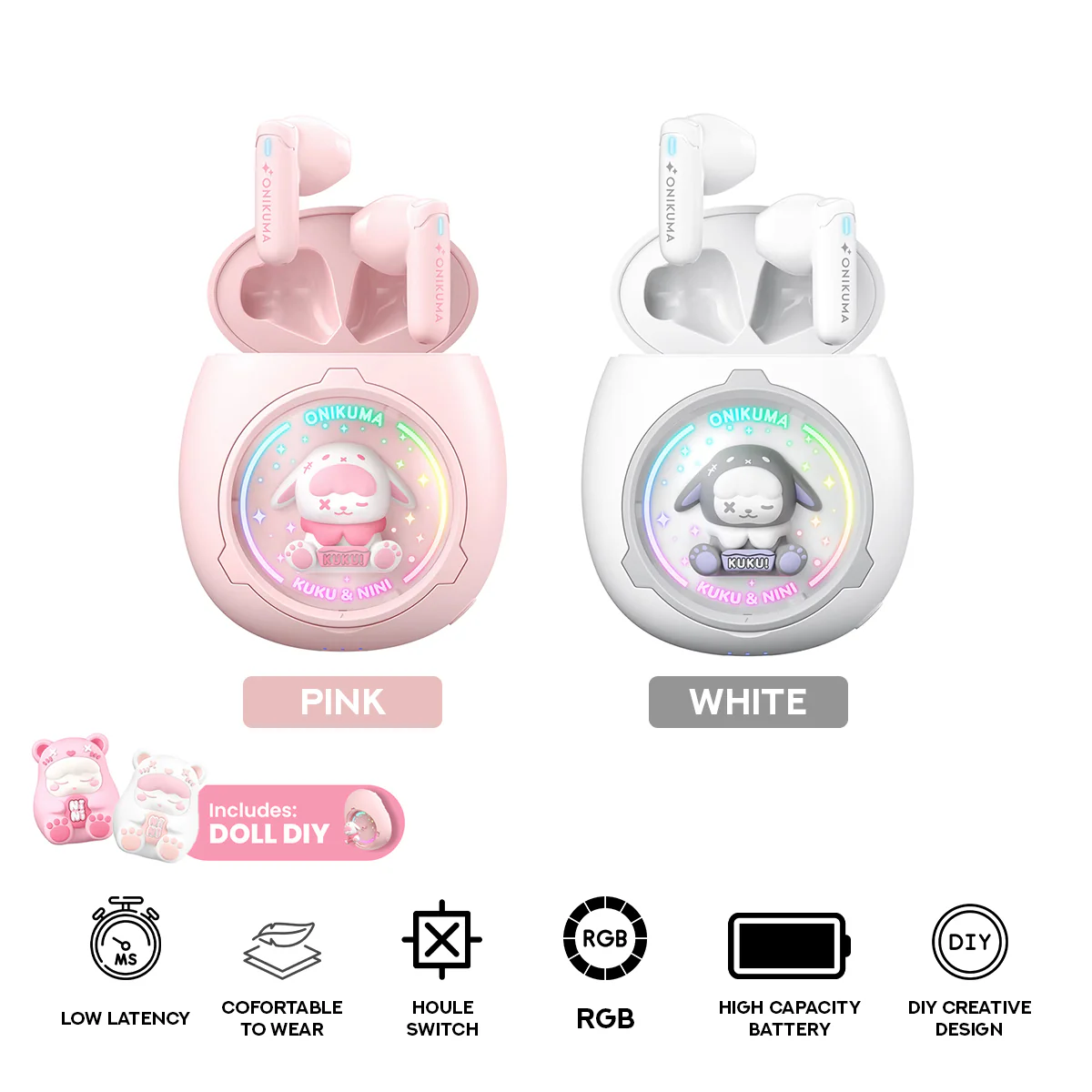 Onikuma T302 Wireless Earphones (Pink, White)
