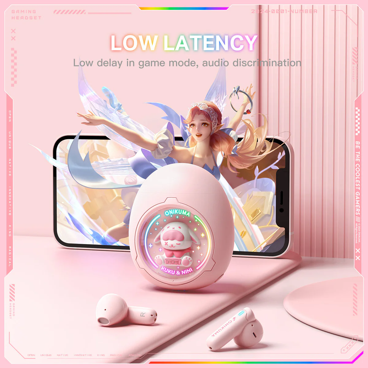 Onikuma T302 Wireless Earphones (Pink, White) - Image 3