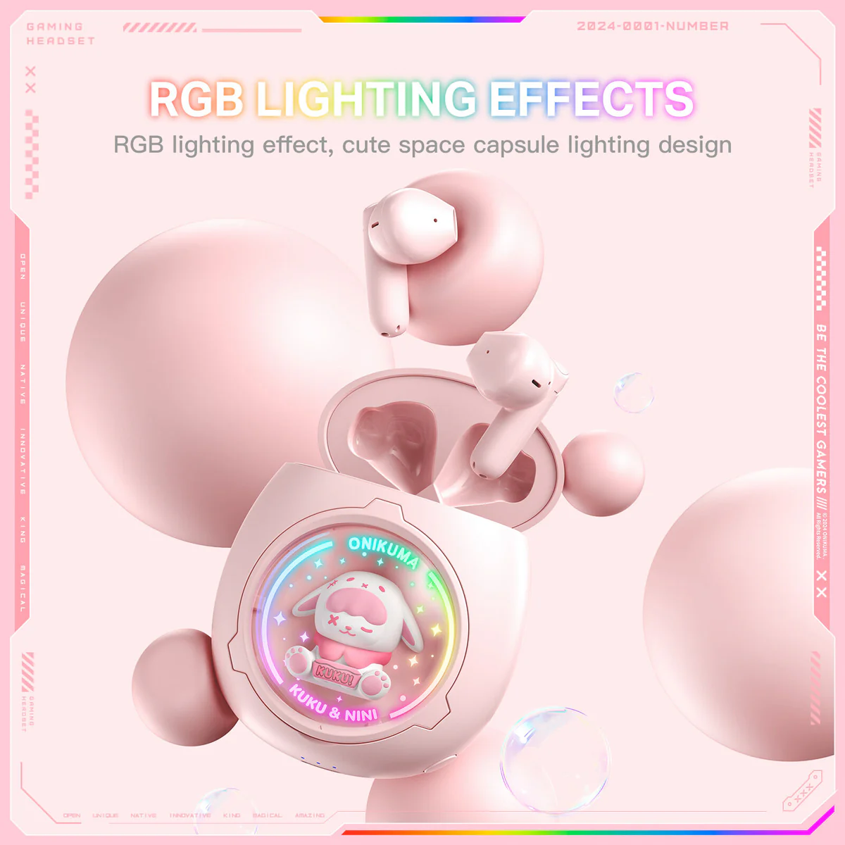 Onikuma T302 Wireless Earphones (Pink, White) - Image 4