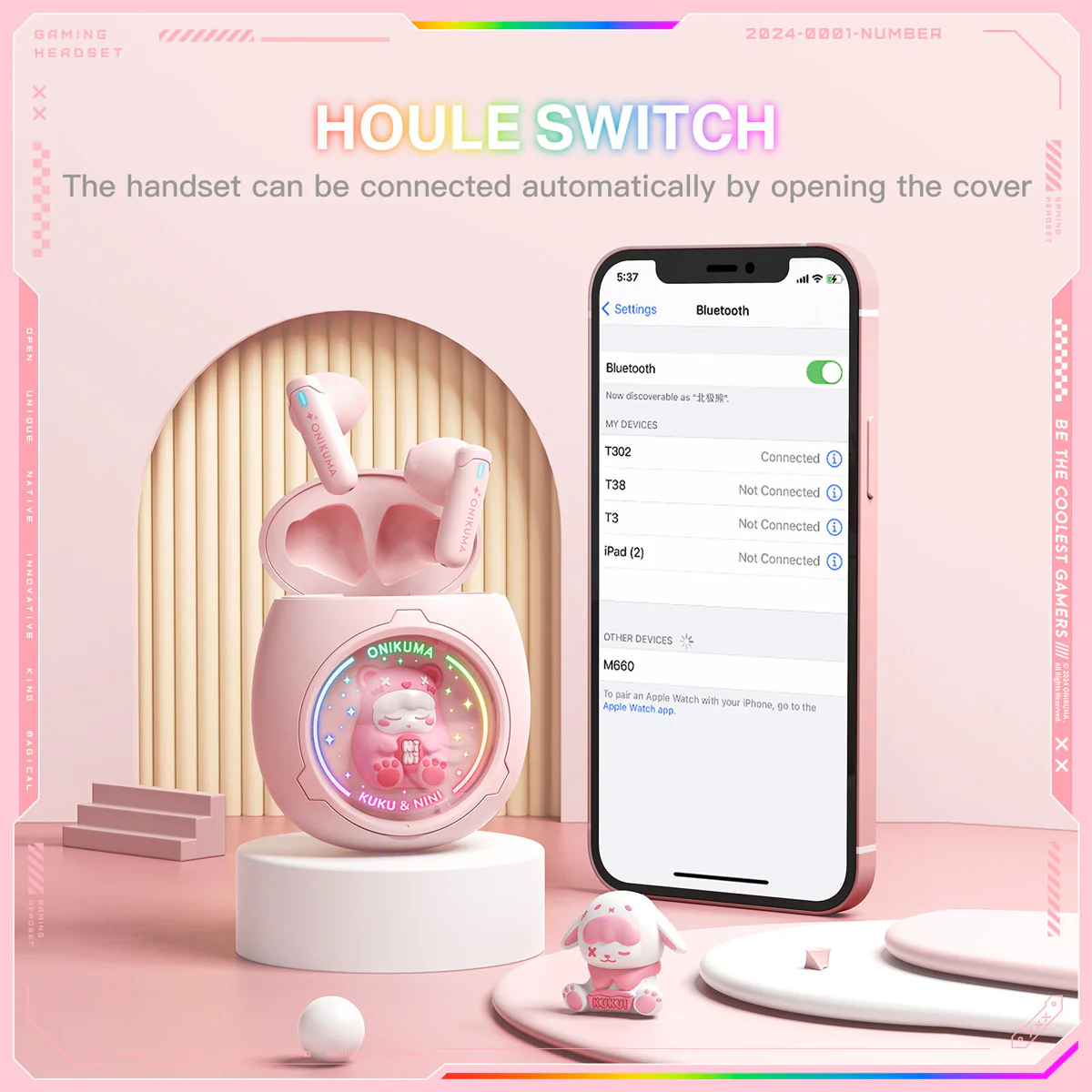 Onikuma T302 Wireless Earphones (Pink, White) - Image 6