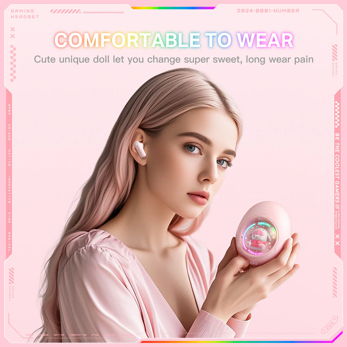 Onikuma T302 Wireless Earphones (Pink, White) - Image 7