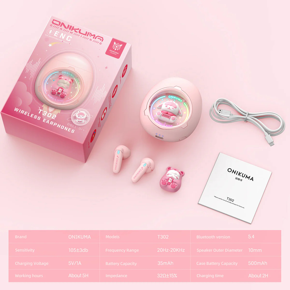 Onikuma T302 Wireless Earphones (Pink, White) - Image 8