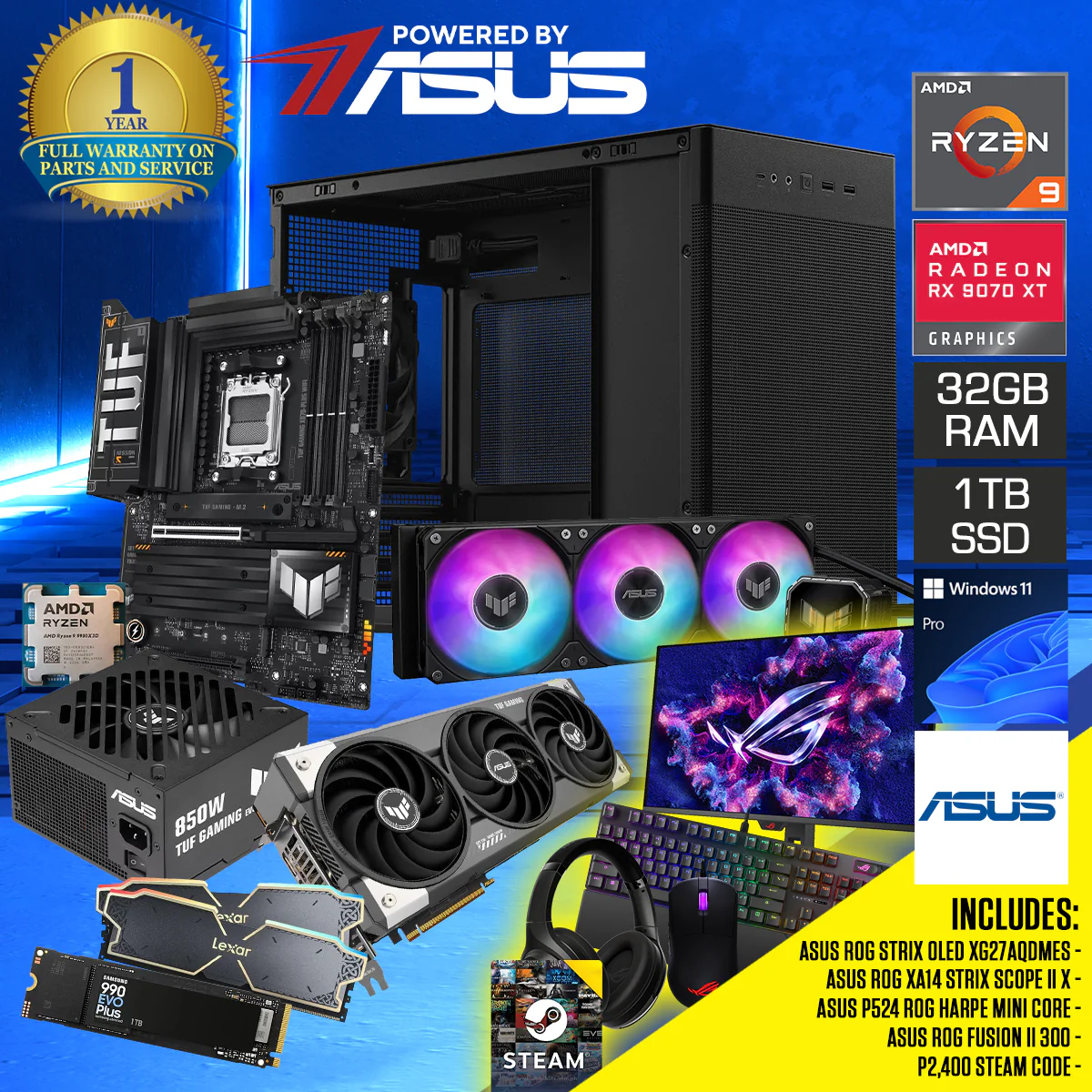 Powered by ASUS: Prime Black Desktop Gaming PC | AMD Ryzen 9 9900X3D | 32GB (2X16GB) RAM | 1TB SSD | RX 9070 XT OC