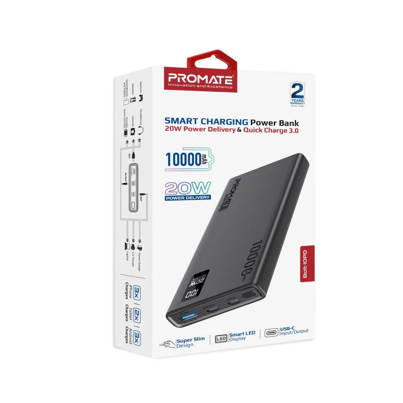 Promate Bolt-10PD 10000mAh Compact Smart Charging Power Bank with 20W PD Dual USB-C & 22.5W USB-A Ports (Black, Blue, White) - Image 10