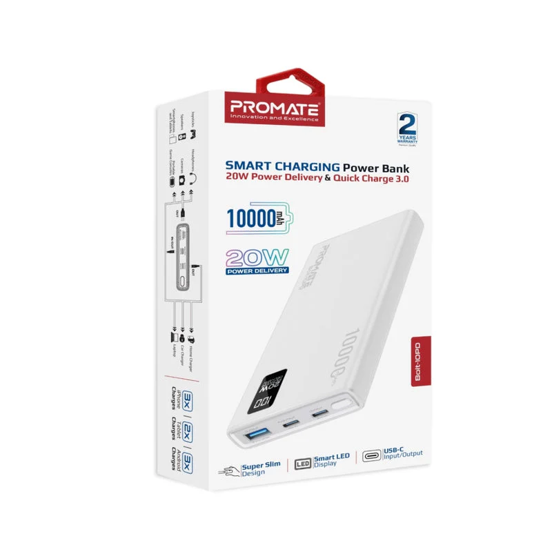 Promate Bolt-10PD 10000mAh Compact Smart Charging Power Bank with 20W PD Dual USB-C & 22.5W USB-A Ports (Black, Blue, White) - Image 12