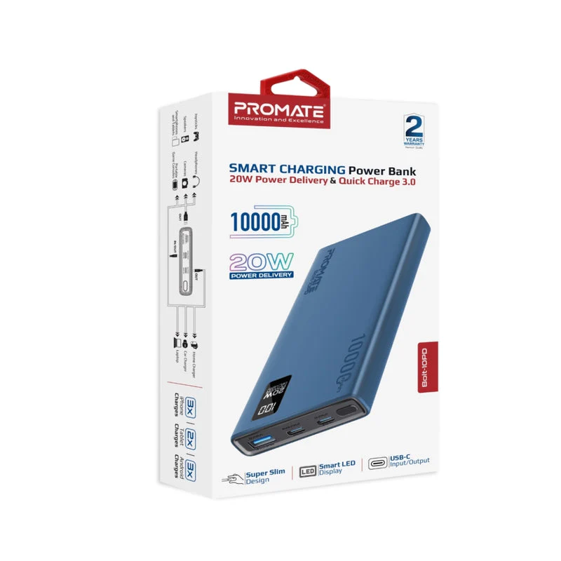 Promate Bolt-10PD 10000mAh Compact Smart Charging Power Bank with 20W PD Dual USB-C & 22.5W USB-A Ports (Black, Blue, White) - Image 14