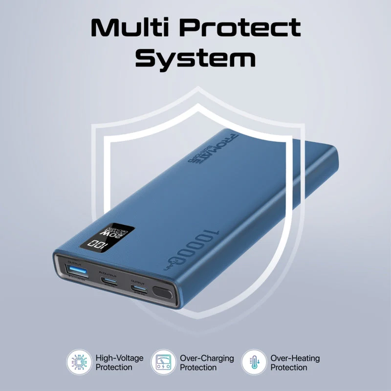 Promate Bolt-10PD 10000mAh Compact Smart Charging Power Bank with 20W PD Dual USB-C & 22.5W USB-A Ports (Black, Blue, White) - Image 2