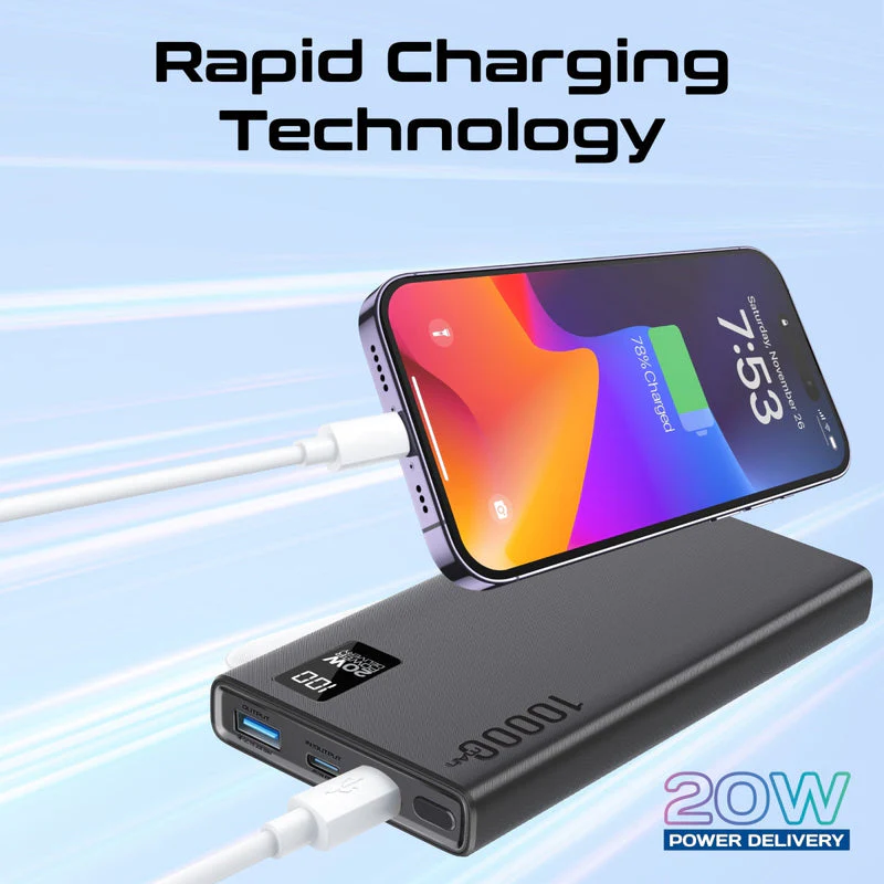 Promate Bolt-10PD 10000mAh Compact Smart Charging Power Bank with 20W PD Dual USB-C & 22.5W USB-A Ports (Black, Blue, White) - Image 3