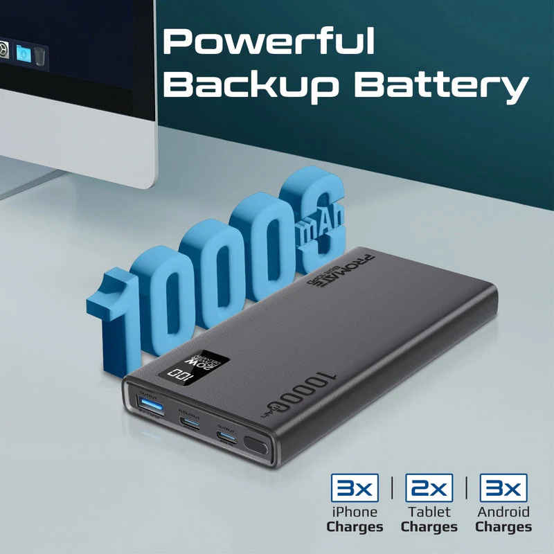 Promate Bolt-10PD 10000mAh Compact Smart Charging Power Bank with 20W PD Dual USB-C & 22.5W USB-A Ports (Black, Blue, White) - Image 5