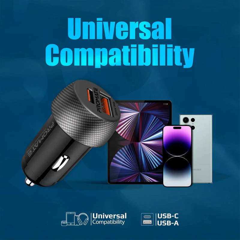 Promate DriveGear-PD33 Ultra-Fast Dual Port Car Charger with 33W Power Delivery & QC 3.0 - Image 2