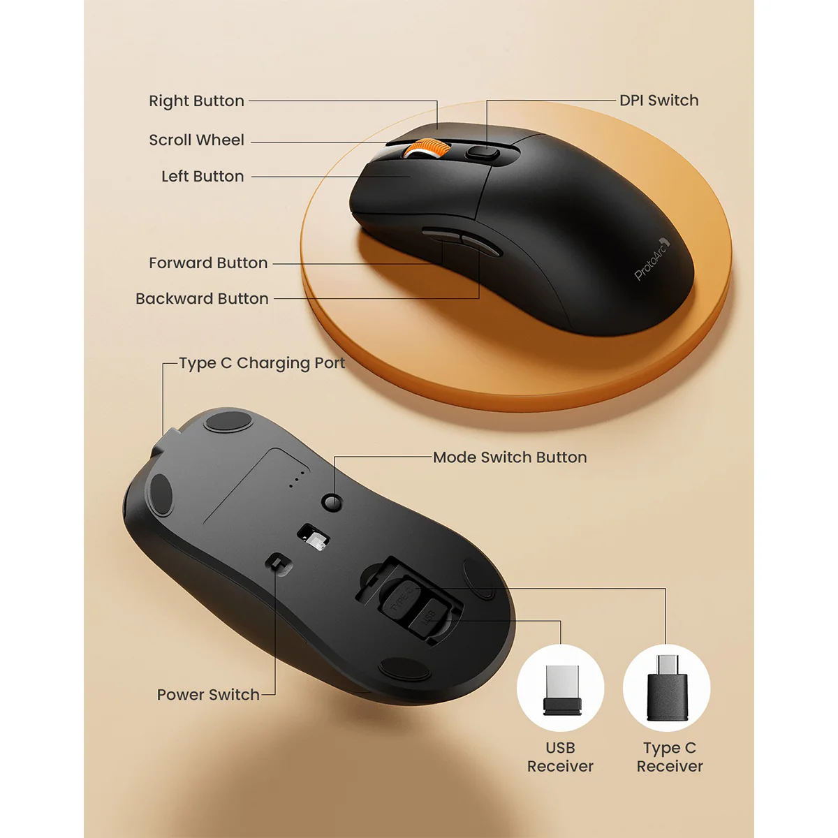 ProtoArc EM15 Bluetooth & 2.4G Dual Receiver Wireless Mouse (Black) (CP016268) - Image 4