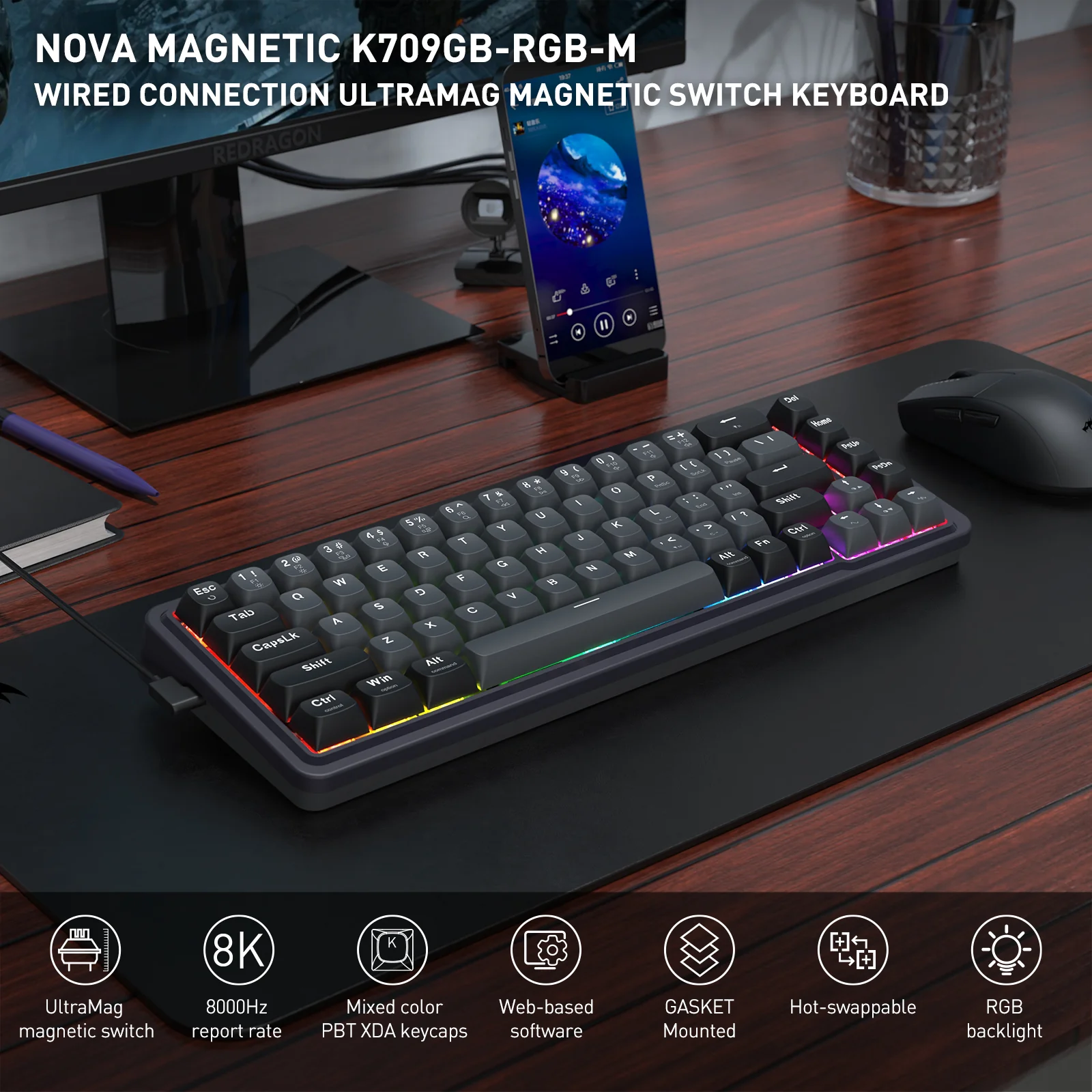 Redragon K709GB Nova Magnetic RGB Hot-Swappable Wired 65% Keyboard with Rapid Trigger (UltraMag Magnetic Linear Switch) (Gray/Black) (K709GB-RGB-M) - Image 13