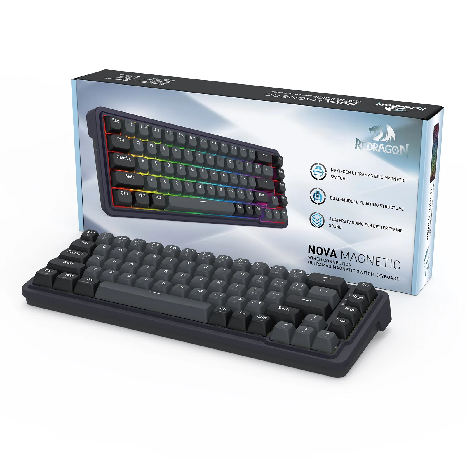 Redragon K709GB Nova Magnetic RGB Hot-Swappable Wired 65% Keyboard with Rapid Trigger (UltraMag Magnetic Linear Switch) (Gray/Black) (K709GB-RGB-M) - Image 9