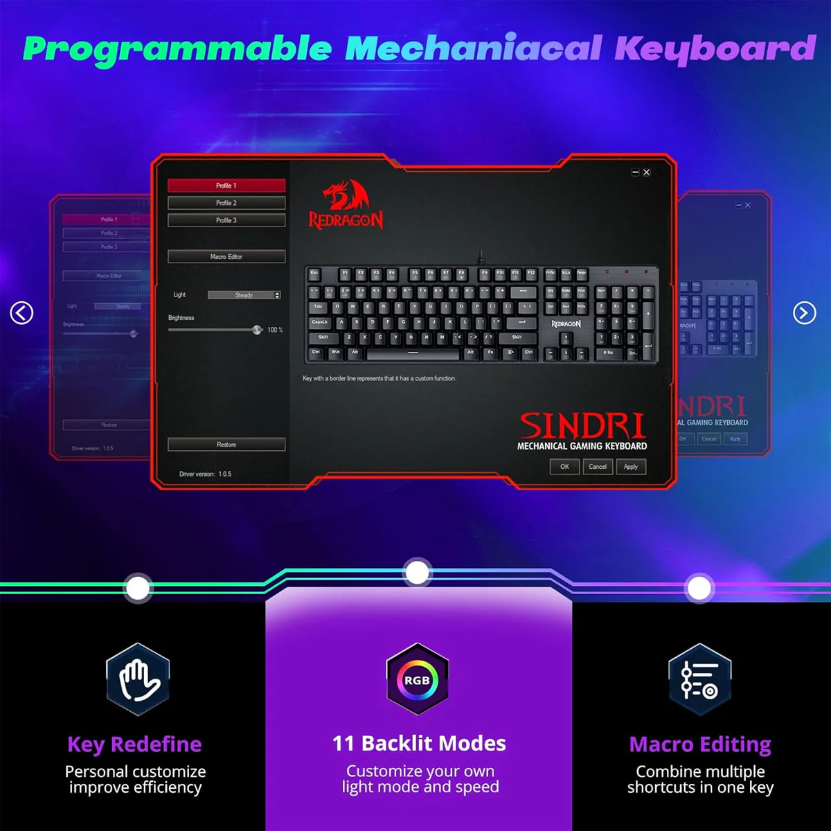 Redragon Sindri K671 RGB Hot-Swappable Full Sized Wired Mechanical Gaming Keyboard (Dust-Proof Red Switch) (Black) - Image 8