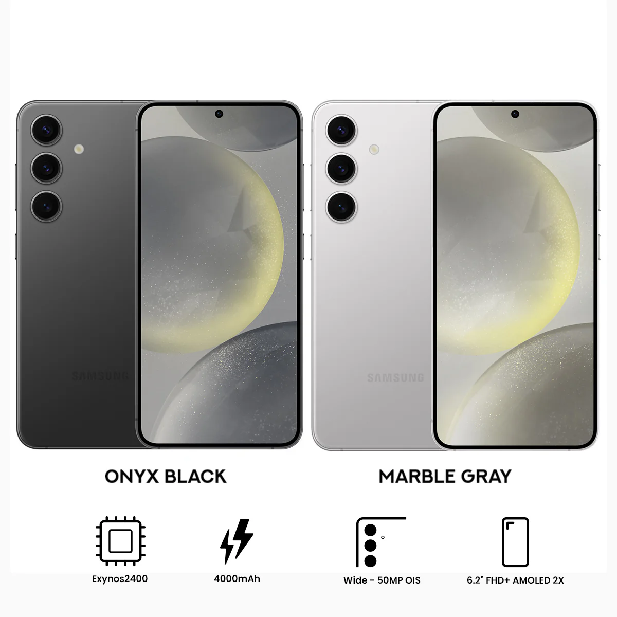 Samsung Galaxy S24 SM-S921B/DS | 512GB+8GB RAM | 5G/4G/3G/2G + Wi-Fi + Bluetooth | 6.2" FHD + (2340 x 1080) Dynamic Amoled 2x | Android 14 | Exynos2400 | 50MP + 12MP | 4000mAh (Onyx Black, Marble Gray)