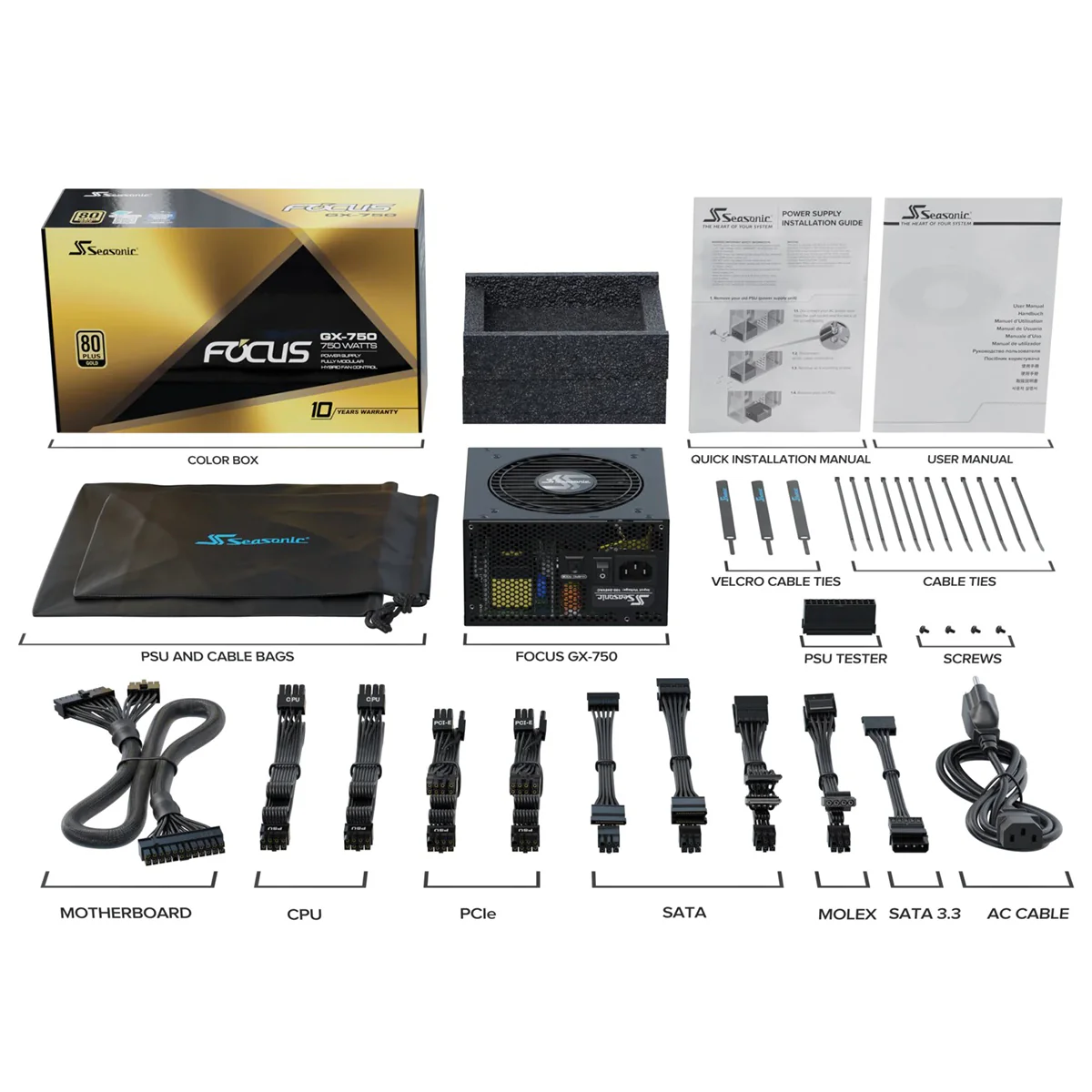 Seasonic Focus GX-750 ATX 3 750W 80+ Gold ATX 3.1 & PCIe Gen 5 Fully Modular Power Supply (Black) (SRP-FGX751-A5A32SF) - Image 10