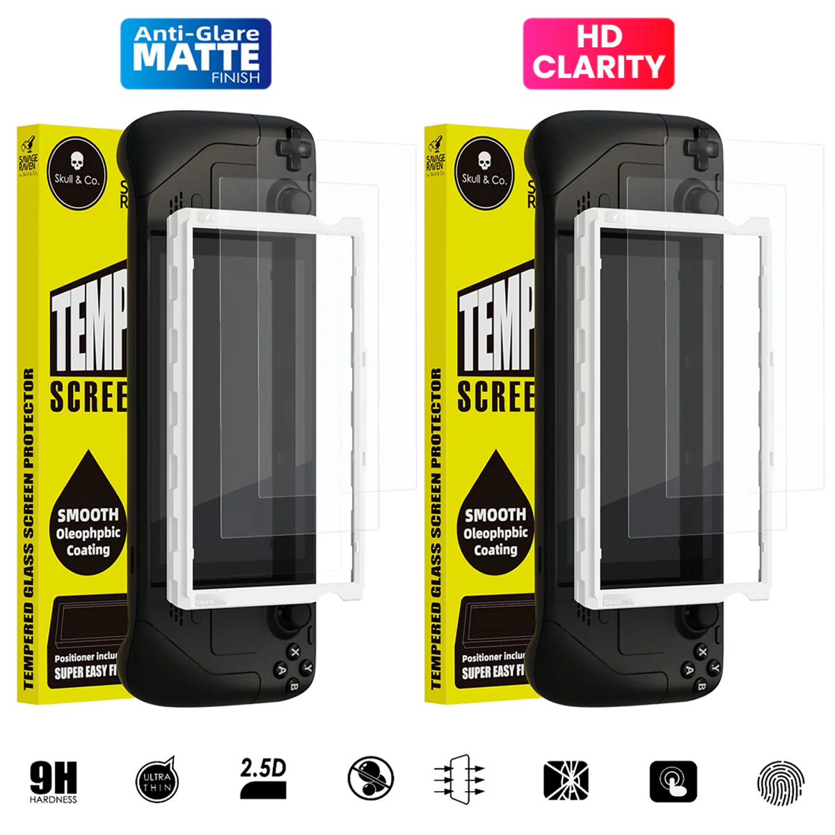 Skull & Co. Tempered Glass Screen Protector 9H Hardness / 2.26mm Ultra Thin with Positioner for Steam Deck / LCD (Anti-Glare Matte Finish, HD Clarity) (SDSP2-P-M, SDSP2-P-G)