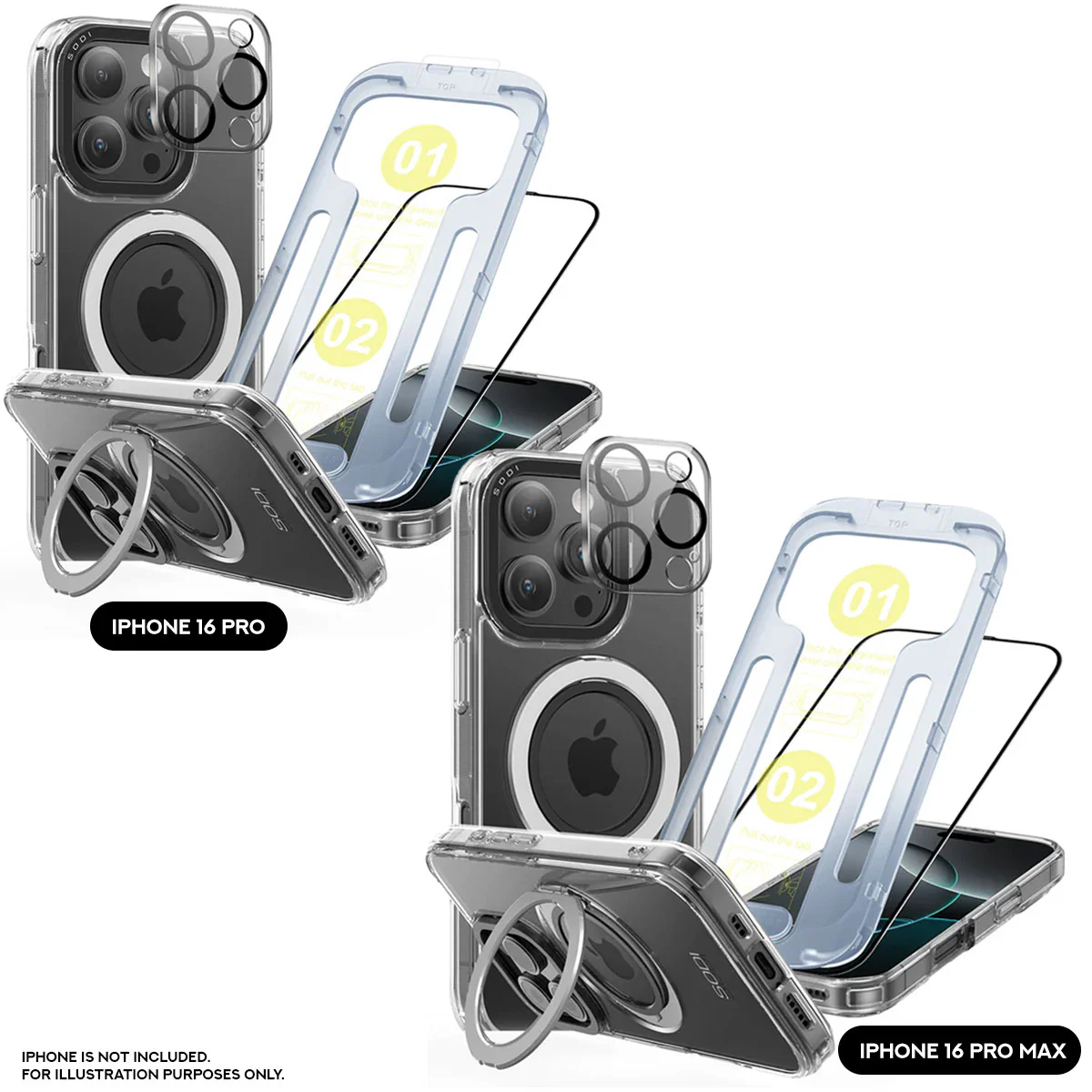 SODI CS02 Magnetic Ring Case w/ 1x HD Screen Protector and 1x Camera Lens Protector Bundle for iPhone 16 (iPhone 16 Pro, iPhone 16 Pro Max)