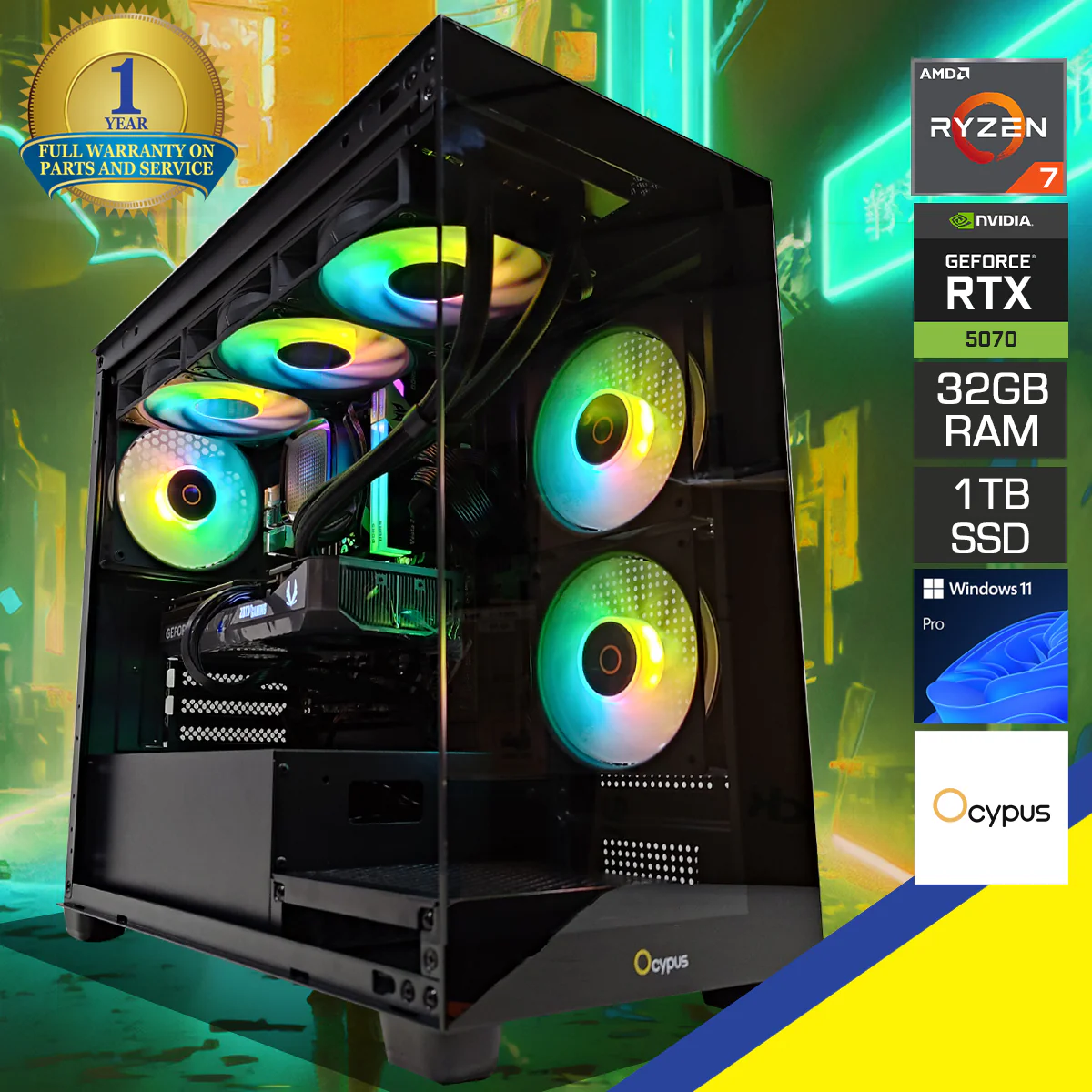 Sophos Gamma C52 Black Desktop Gaming PC | AMD Ryzen 7 9700X | 32GB (2x16GB) RAM | 1TB SSD | RTX 5070 | Windows 11 Pro