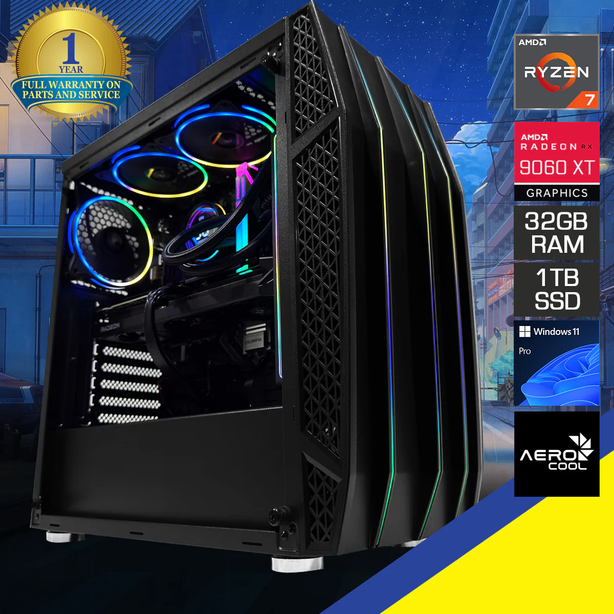 Sophos Klaw Black Desktop Gaming PC | AMD Ryzen 7 9700X | 32GB (2x16GB) RAM | 1TB SSD | RX 9060 XT | Windows 11 Pro