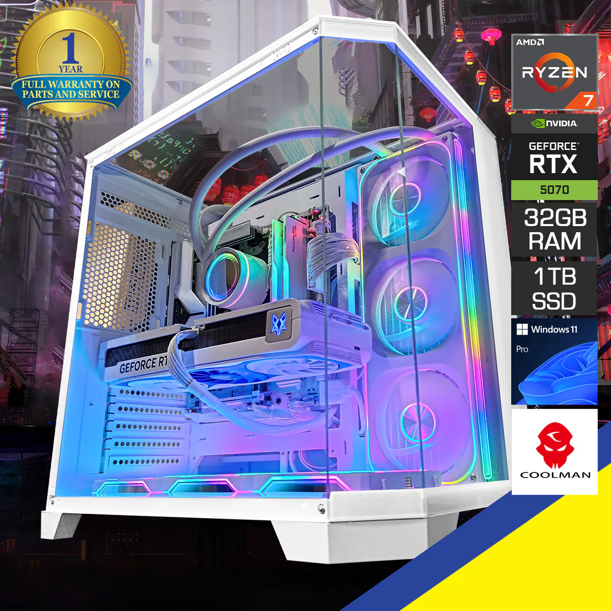 Sophos Zentra White Desktop Gaming PC | AMD Ryzen 7 7700X | 32GB RAM | 1TB SSD | with WIFI + Bluetooth | GeForce RTX 5070 OC | Windows 11 Pro