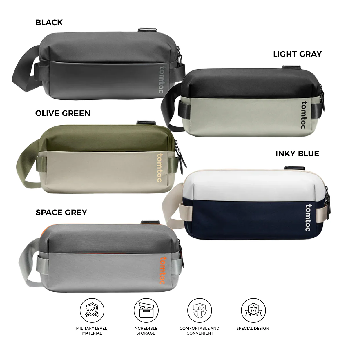 Tomtoc Explorer-T21 Sling Bag With Minimalist EDC Design - Small (Black, Light Gray, Olive Green, Space Grey, Inky Blue) (T21S1D1, T21S1G2, T21S1T1, T21S1G1, T21S1B1)
