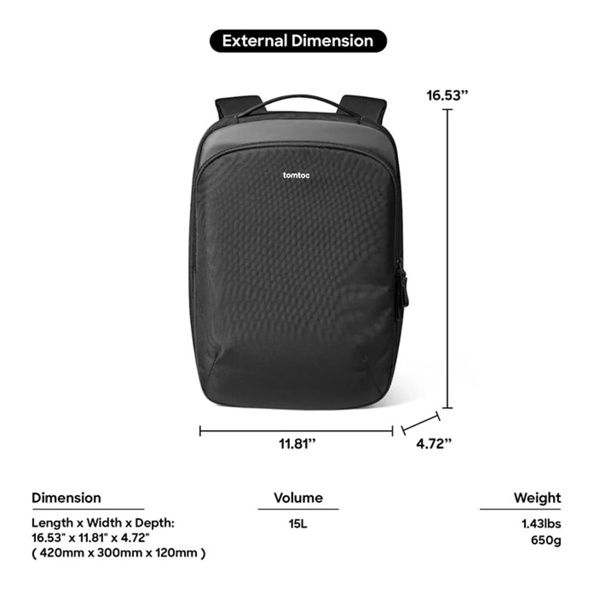 Tomtoc Explorer-T60 15.6" 15L Laptop Backpack (Black) (T60M1D1) - Image 4