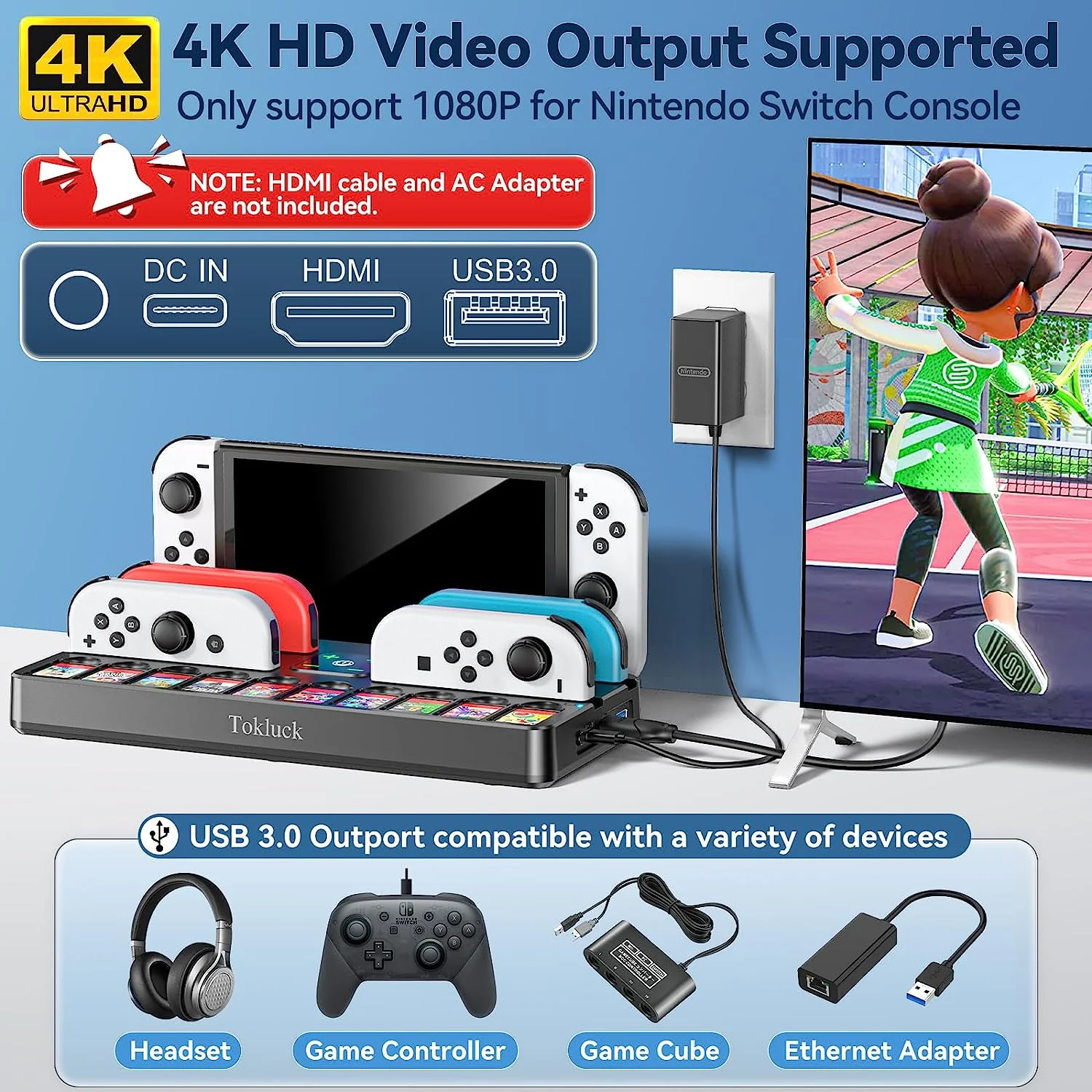 TV Dock Station for N-SWITCH / N-SWITCH OLED with Controller Charger & Game Slots (Black) (NG-SW804x) - Image 7