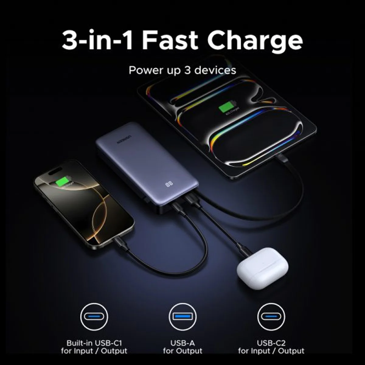 Ugreen Nexode 20000mAh 55W Fast Charging Power Bank with Built-in USB-C Braided Cable (Space Gray) (PB537/95178B) - Image 5