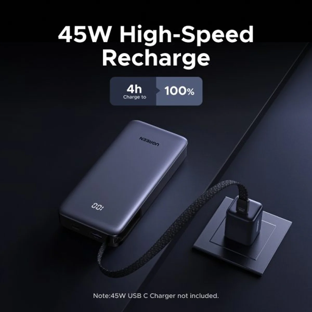 Ugreen Nexode 20000mAh 55W Fast Charging Power Bank with Built-in USB-C Braided Cable (Space Gray) (PB537/95178B) - Image 7
