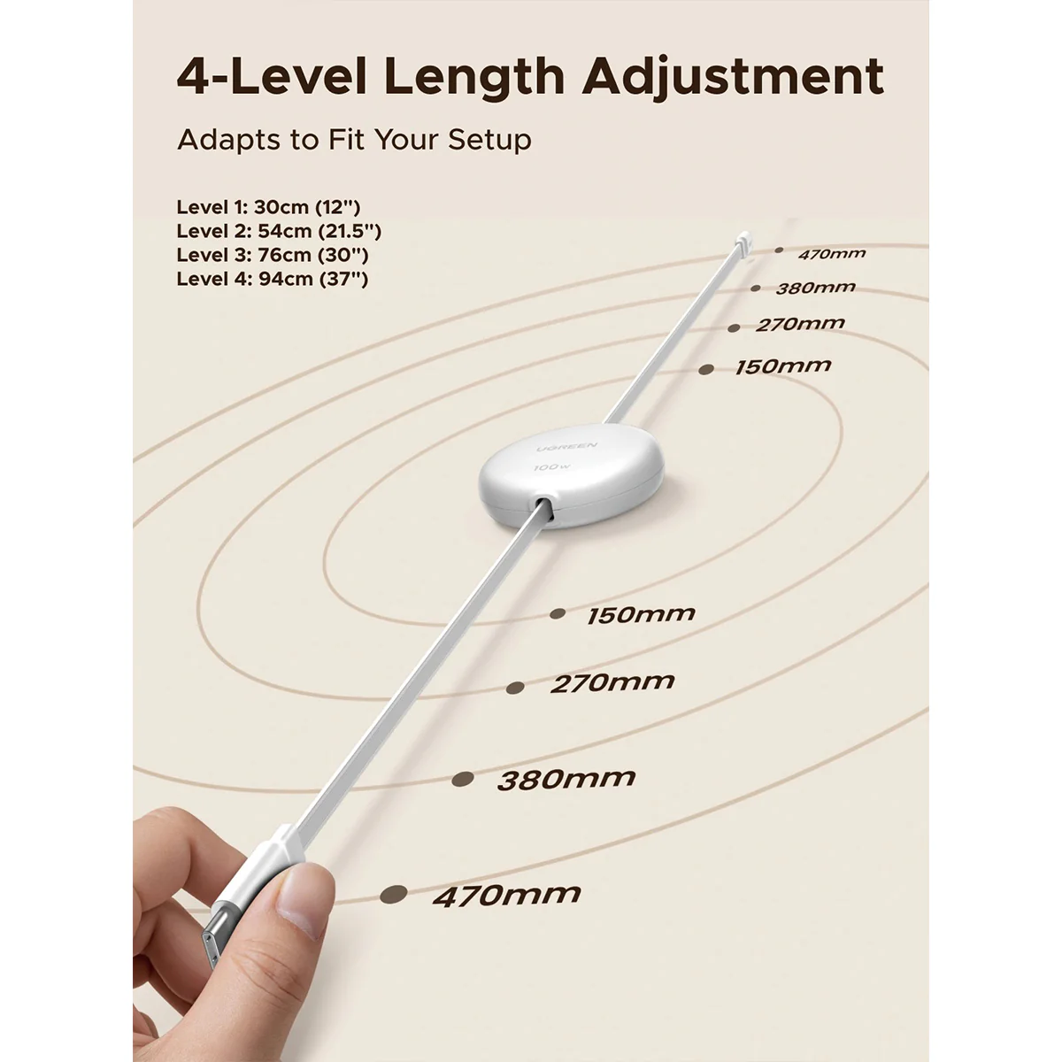 Ugreen Nexode USB-C to USB-C 100W PD Fast Charging Retractable Cable - 1m (White) (L531/95673) - Image 5