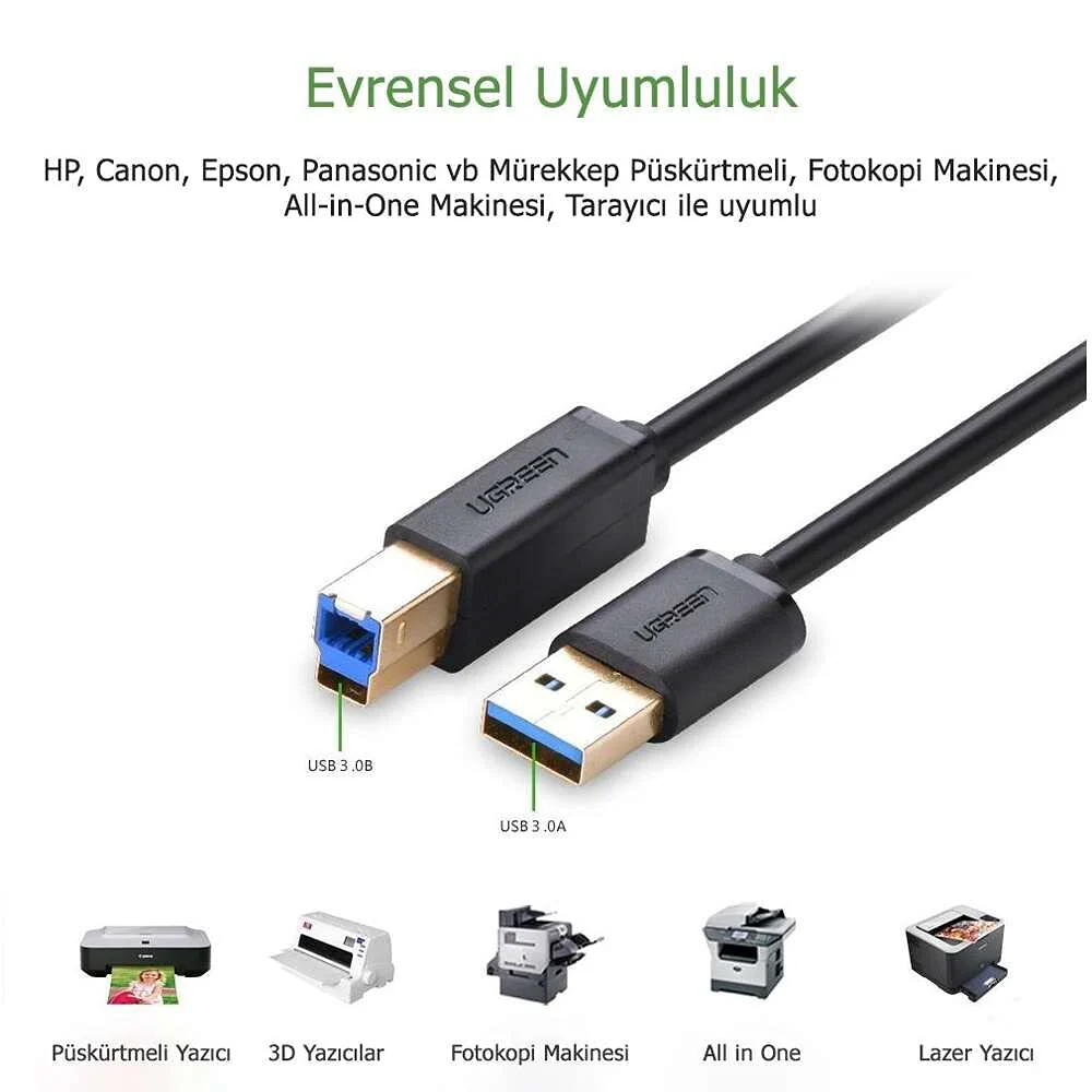 UGreen USB 3.0 AM To BM Data Cable - 2M (Black) (US210/10372) - Image 3