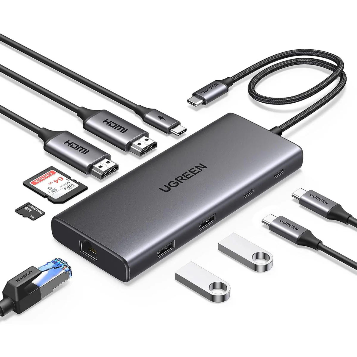 Ugreen USB-C To USB-A 3.2 + USB-A 3.0 + 2xUSB-C 3.2 + 2xHDMI + RJ45 Gigabit + SD & TF + PD Port Converter (10-in-1) Hub (Grey) (CM639/45380)