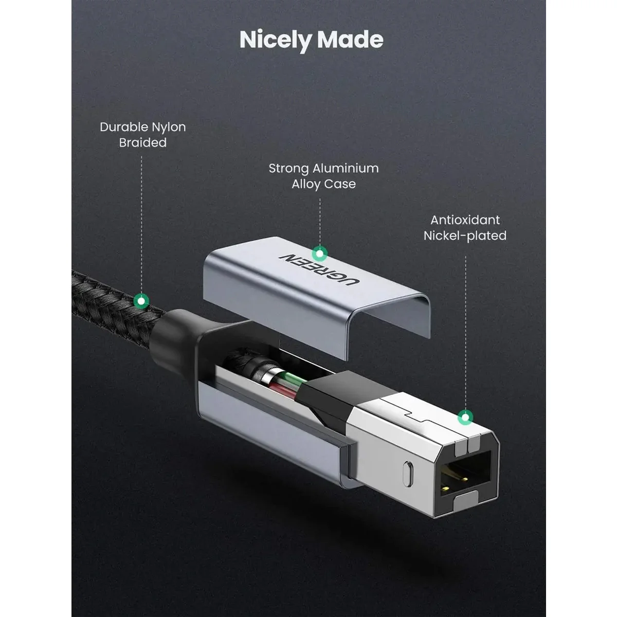Ugreen USB-C to USB-B 2.0 Printer Cable - 1m (Space Gray) (US370/80805) - Image 5