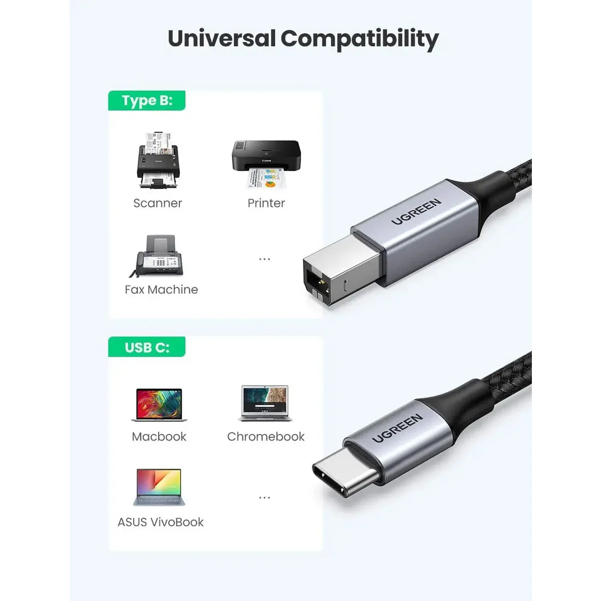 Ugreen USB-C to USB-B 2.0 Printer Cable - 1m (Space Gray) (US370/80805) - Image 8
