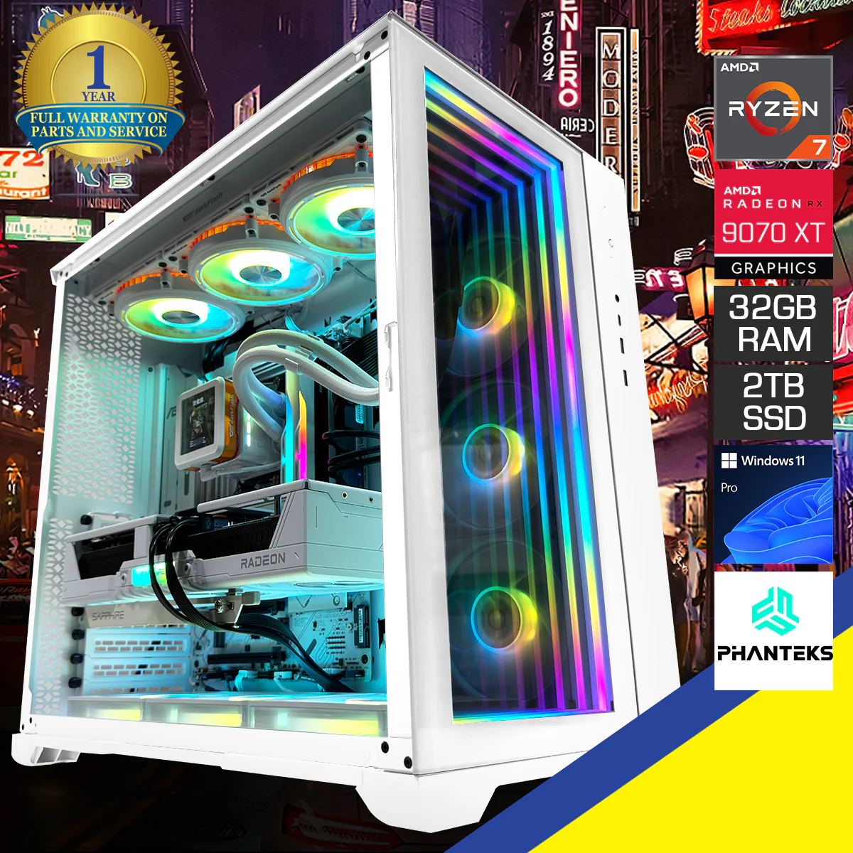 Ultra Magnium Gear White Desktop Gaming PC | AMD Ryzen 7 9850X3D | 32GB (2x16GB) RAM | 2TB SSD | RX 9070 XT | Windows 11 Pro
