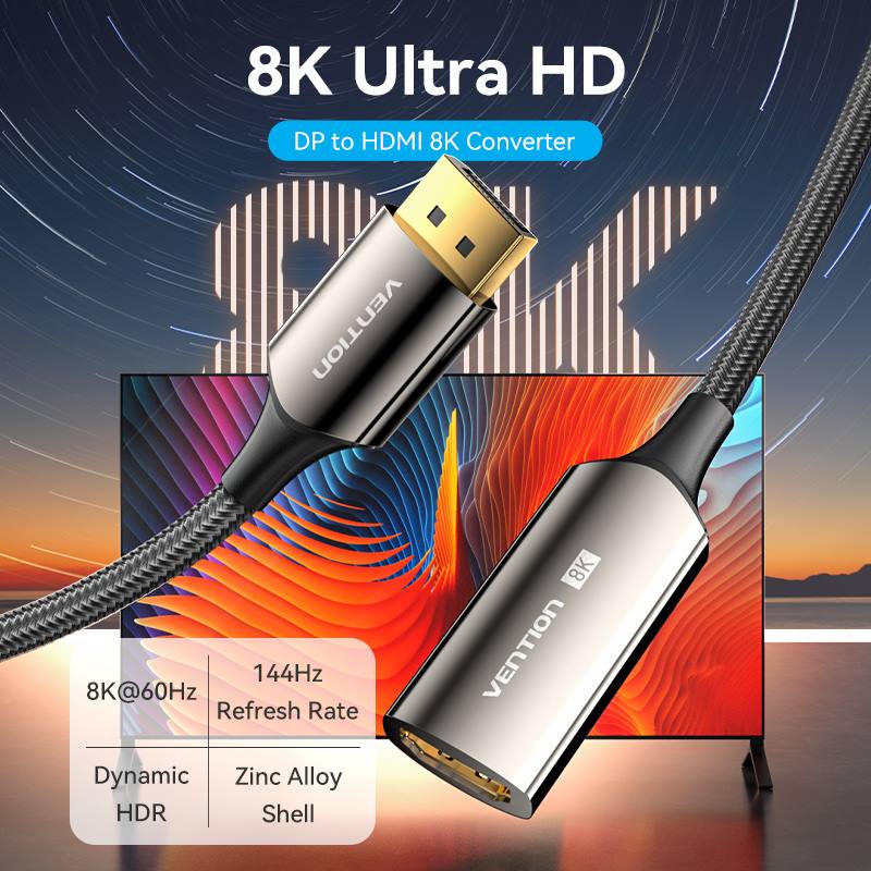 Vention Cotton Braided DP Male to HDMI Female 8K Converter - Black Zinc Alloy Type 0.25M (HFNBC) - Image 2