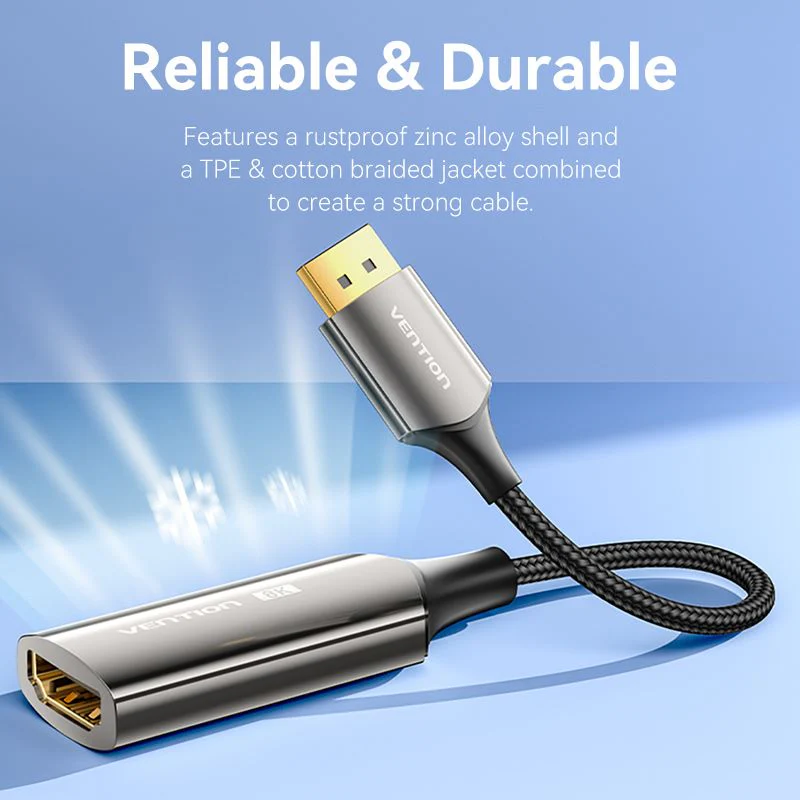 Vention Cotton Braided DP Male to HDMI Female 8K Converter - Black Zinc Alloy Type 0.25M (HFNBC) - Image 3