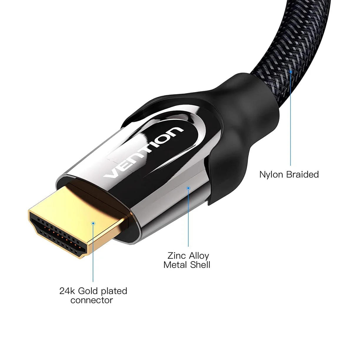 Vention Nylon Braided HDMI Cable Black Metal Type - (3M, 5M, 10M, 15M) (VAA-B05-B300, VAA-B05-B500, VAA-B05-B1000, VAA-B05-B1500) - Image 5