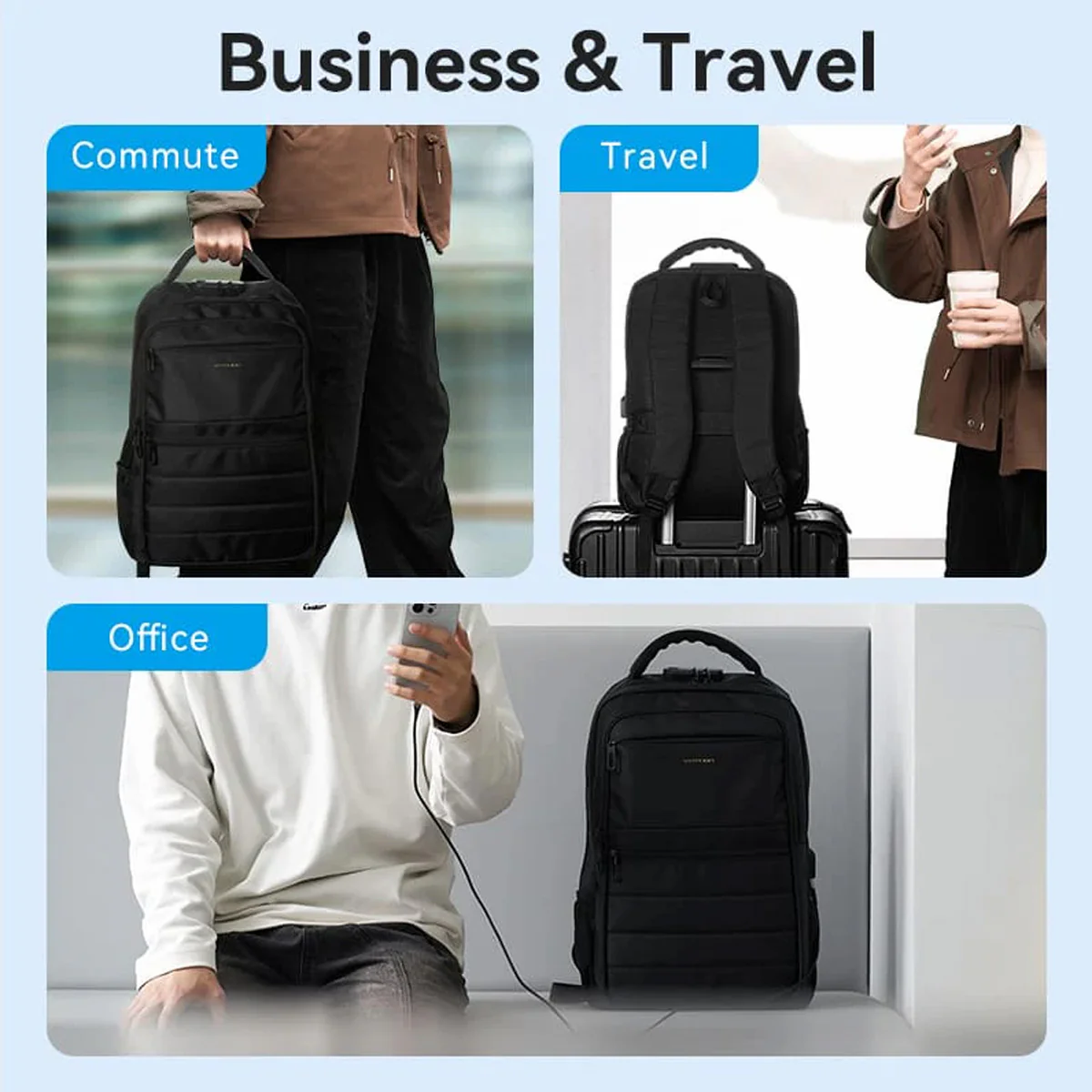 Vention Water-Repellent Laptop Backpack with USB & Lock Equipped - 20L (Black) (KRKB0) - Image 10