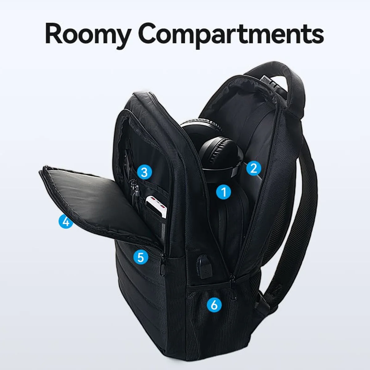 Vention Water-Repellent Laptop Backpack with USB & Lock Equipped - 20L (Black) (KRKB0) - Image 5