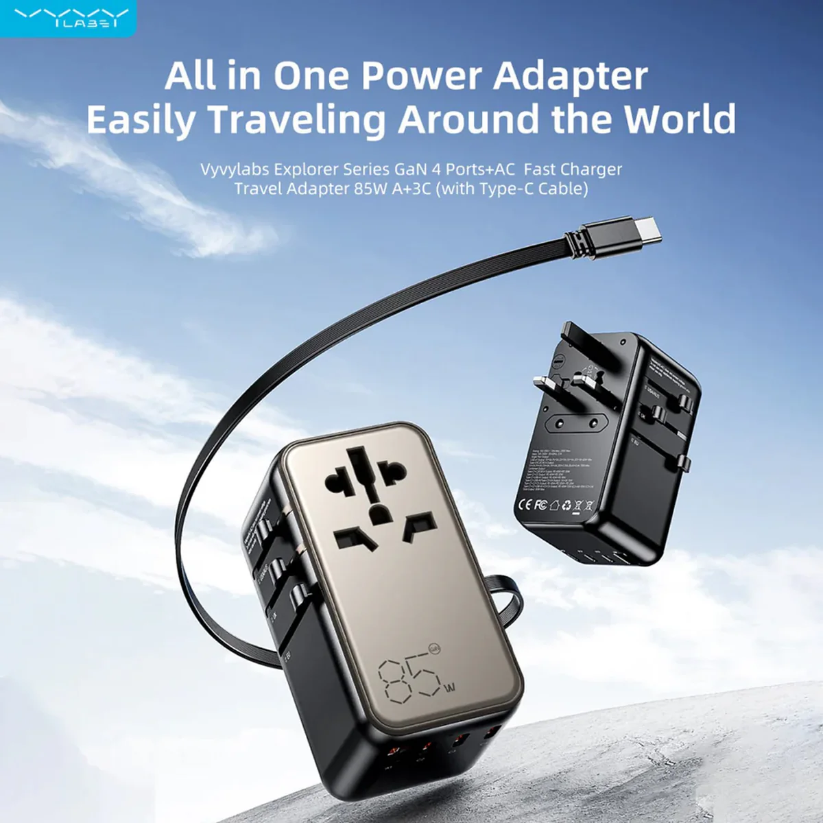 Vyvylabs Explorer Series GaN 4 Ports+AC Fast Charger Travel Adapter 85W A+3C with Type-C Cable (Gold) (GAN85T-GD) - Image 3