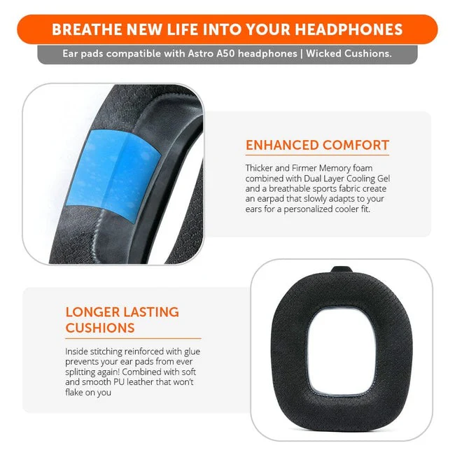 Wicked Cushions Astro A50 Gen 4 / Astro A50 Gen 5 / Astro A50X Earpads - WC FreeZe Cooling Gel (Black, Black Camo, 90s White, 90s Black) - Image 3