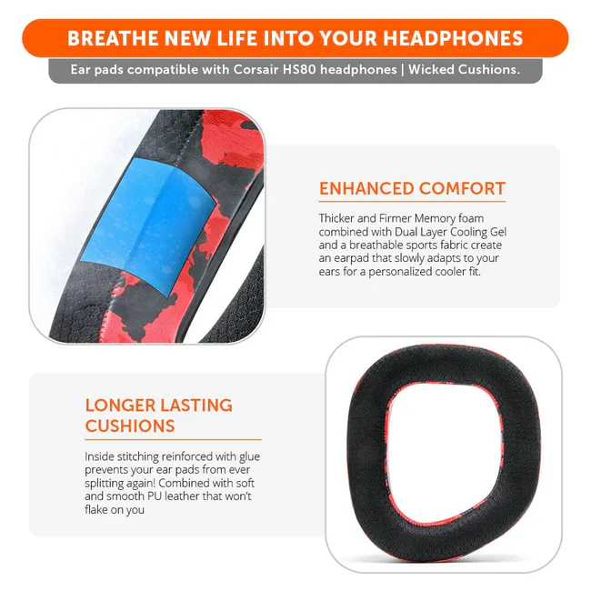 Wicked Cushions Corsair HS80 Earpads - WC FreeZe Cooling Gel (Black, 90s Black , Red Camo, Black Camo) - Image 9