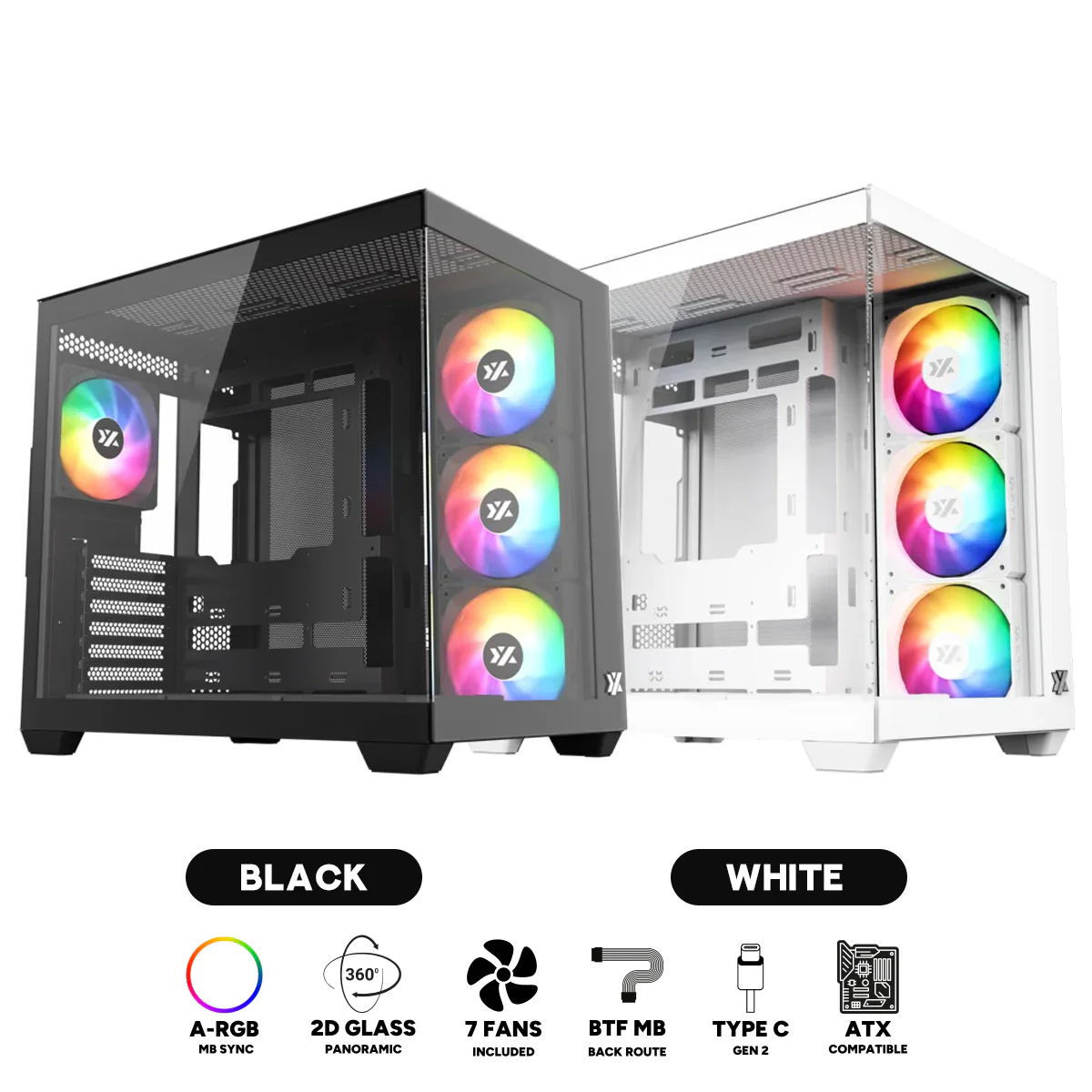 XYZ Tesseract X ATX 2D Glass Panoramic Tempered Glass PC Case with 7 Pre-Installed 120mm Pulsar ARGB PWM Fans (Black, White)
